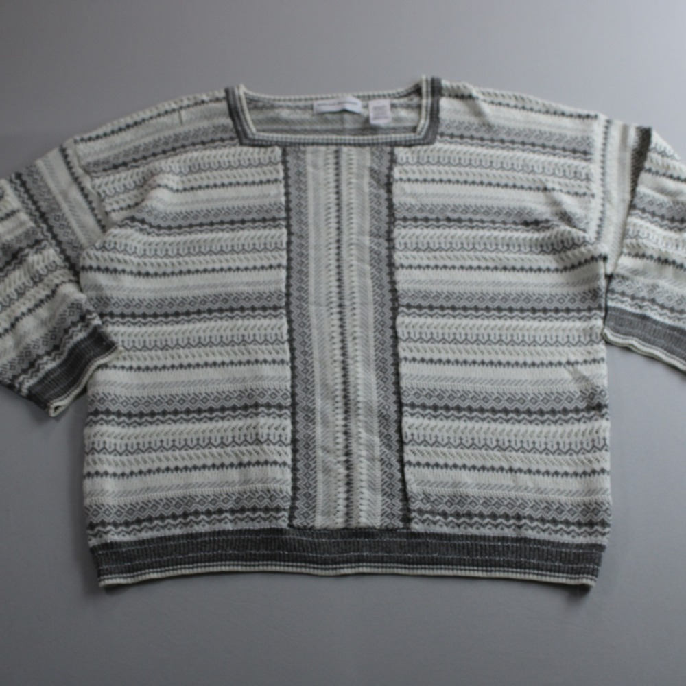 Alfred Dunner Grey White Abstract Stripe Pointelle Knit Sweater 3/4 Sleeve Large